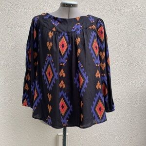 Long Sleeved  Geometric Print Peasant Pull Over Blouse  Top Medium